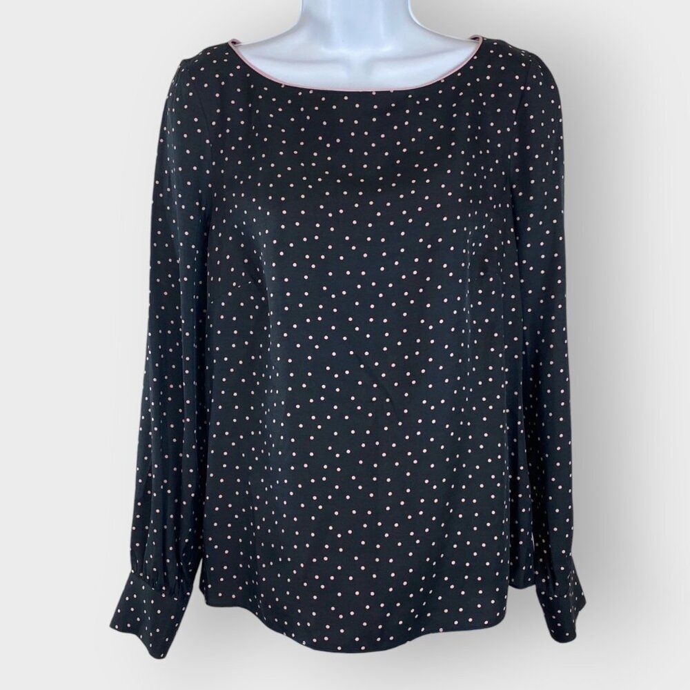NEW | Boden Womens Top | 6 | Black Pink Polka Dot | Silk Blend | Keyhole Neck